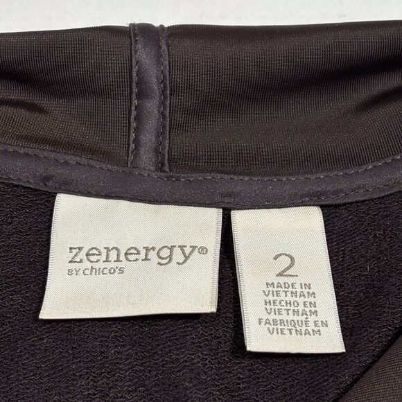 Chicos Zenergy Retreat Velvet Trim Jacket Hooded Espresso Brown Size 2 Large Zip - Picture 13 of 14